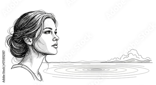 Delicate Ink Line Art: Reflective Woman Gazing at Distant Horizon