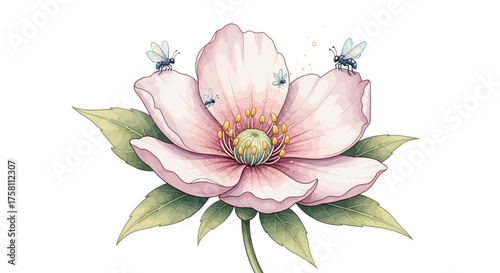 Dreamy Watercolor Bloom with Shimmering Pollen and Fanciful Insects