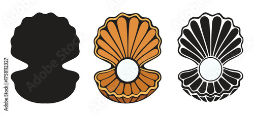 Open seashell vector icon set with a luxurious pearl, featuring black and white silhouettes, colors, and patterns; perfect for jewelry logo design and nautical decor graphics
