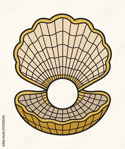 Decorative shell vector illustration with a central pearlescent space and grid line art texture - elegant vintage ocean shell icon perfect for coastal restaurant signs.