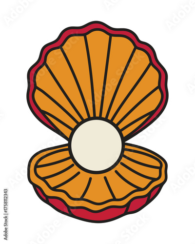 Classic vintage shell vector design, featuring vibrant orange and red colours with bold outlines; excellent for nautical-themed illustrations and seafood packaging design