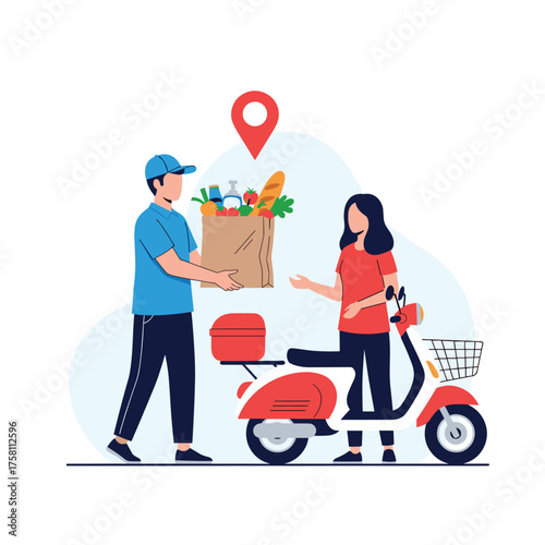 A delivery person on a scooter hands a grocery bag to a customer at their doorstep.
