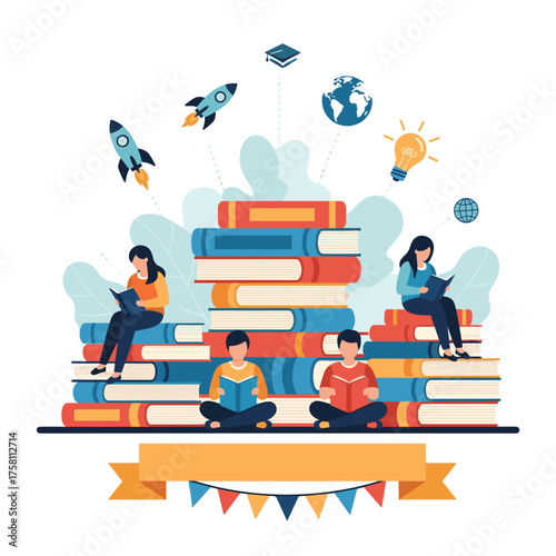 Children enjoy reading stacks of books and exploring imagination through learning and discovery.