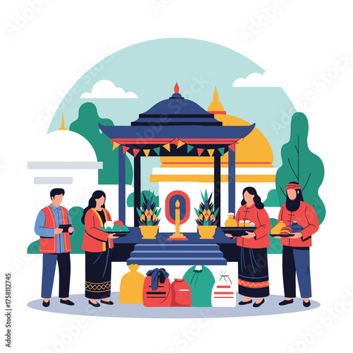 People offering food and gifts at a traditional outdoor ceremony.