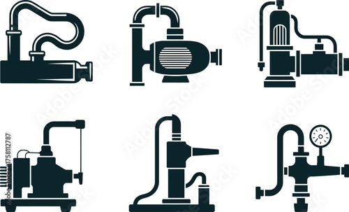 Collection of Industrial Pump Icons with Pipes and Gauges