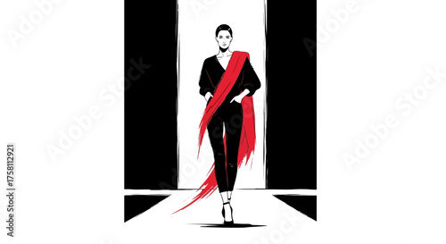 High Fashion Line Art: Woman Striding on Runway with Confident Poise