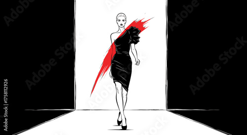 High Fashion Line Art: Woman Striding on Runway with Confident Poise