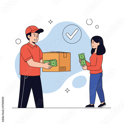 The delivery person is handing a package to a happy customer who is holding money and a teddy bear.