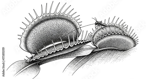 Intricate Cross-Hatch Illustration of a Venus Flytrap's Mechanism