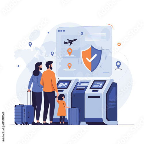 Family using self-service check-in kiosks for convenient air travel planning.