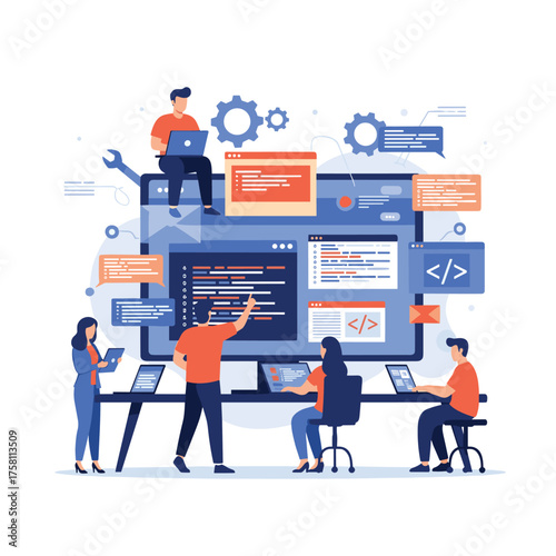 Modern software development team collaborating on a complex coding project with advanced technology.