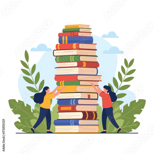 Two people supporting a very tall stack of colorful books.