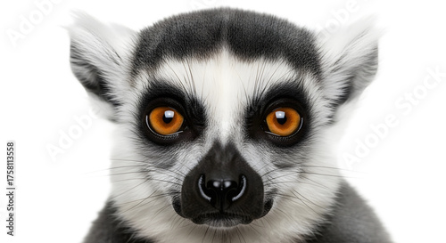Close-up portrait of a ring-tailed lemur with large, captivating eyes against a clean white background