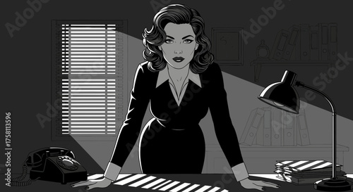 Line Art Woman in a Noir Detective Scene Illustration