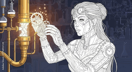 Line Art Woman in a Whimsical Steampunk Laboratory Illustration