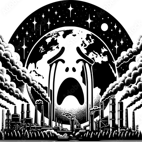 Crying Earth: A stark illustration depicts the Earth as a weeping face, surrounded by industrial pollution.