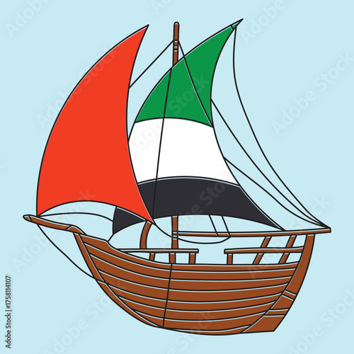 An Emirati dhow bearing the flag of the United Arab Emirates - an illustration of a traditional Arabian wooden dhow, suitable for heritage celebrations, National Day, Flag Day, and national identity d