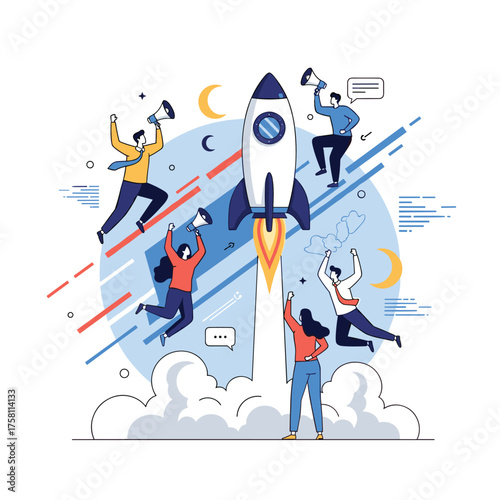 A team of people celebrating as a rocket launches into space with stars and moons in the background.