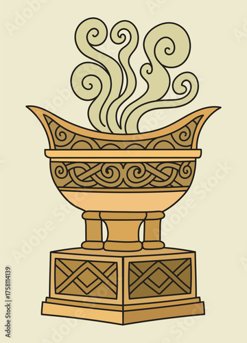 Ceremonial golden incense burner with rising smoke on an ornate base - a spiritual illustration for teaching cultural heritage and suitable for projects with a religious or historical theme