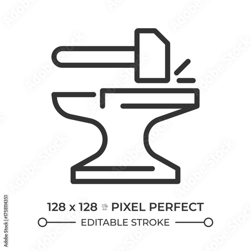Forging line icon. Blacksmith anvil, hammer. Metal processing. Handwork and metallurgy. Equipment, instruments. Isolated vector illustration. Outline symbol. Simple linear drawing. Editable stroke