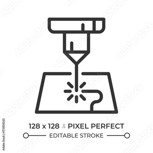 Laser cutting line icon. Industrial technology, equipment. Metal processing automation. Manufacturing precision. Isolated vector illustration. Outline symbol. Simple linear drawing. Editable stroke