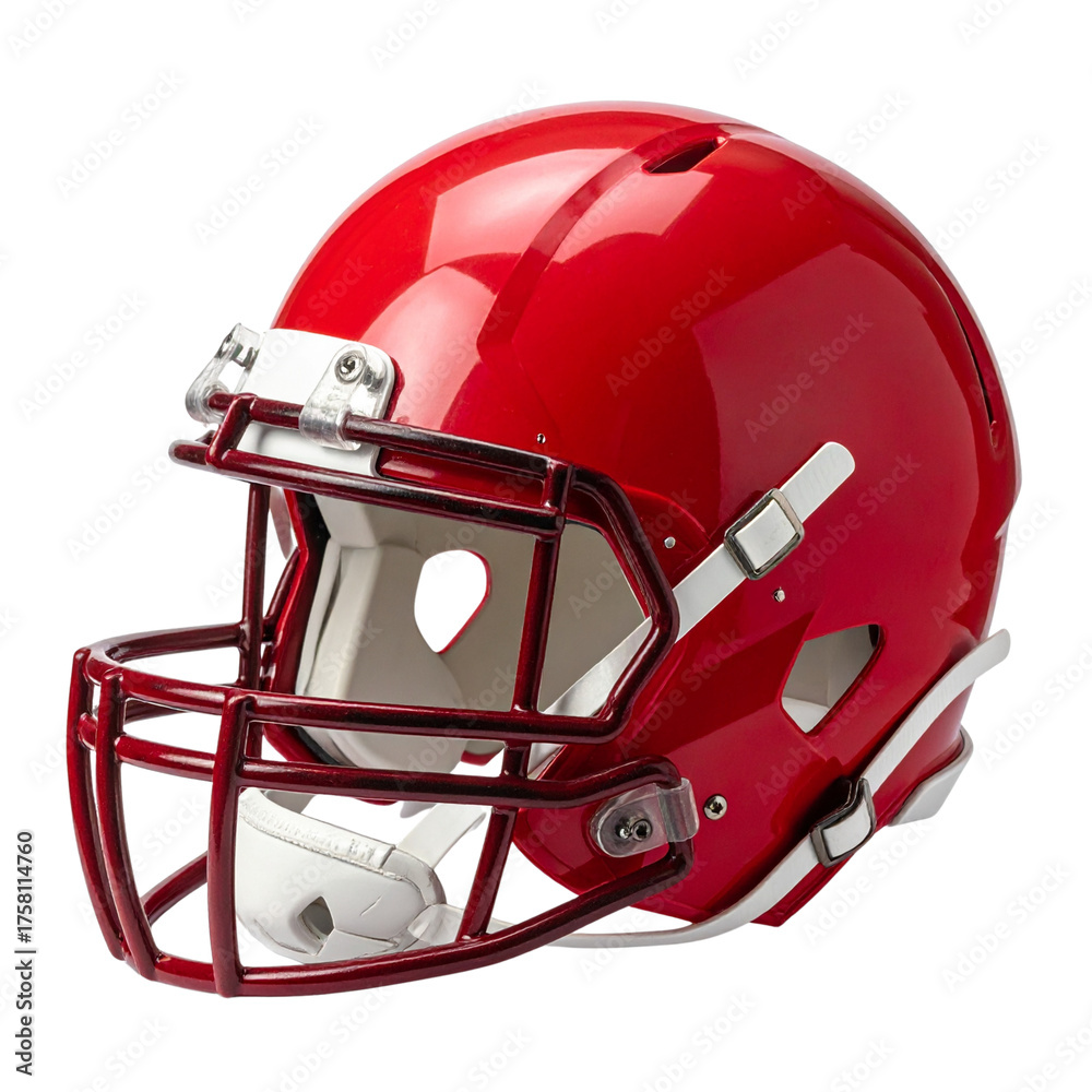 Fototapeta premium Red and blue American football helmet with protective mask and equipment isolated on white background for sport and game team competition