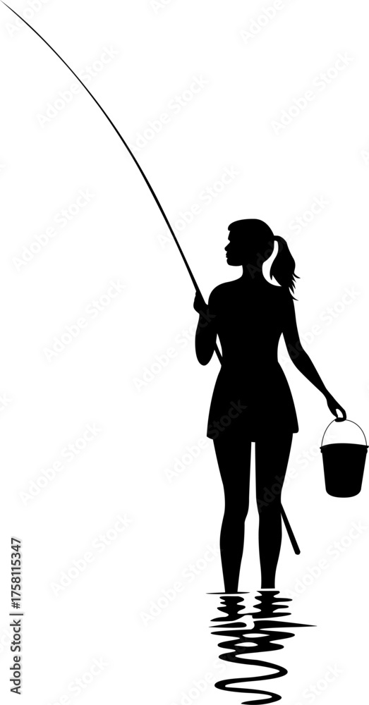 Obraz premium Woman Fishing Silhouette Vector – Female Angler Outdoor Illustration