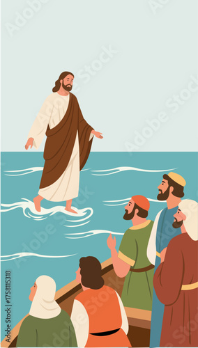 Jesus Walking on Water Vector Illustration
