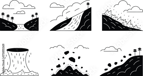 Set of Illustrations Depicting Natural Disasters and Geological Events