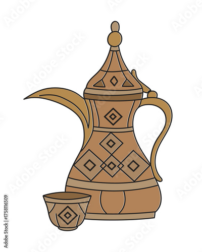 Simple Doodle Vector of Arabian Dallah Coffee Pot and Matching Finjan Cup, Decorated with Geometric Diamond Patterns in Earthy Brown and Gold Tones