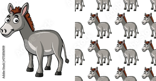 Cartoon donkey and a pattern of donkeys animal illustration