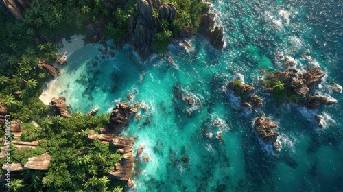 Verdant Jungle Coastline Embracing a Sunlit, Crystalline Turquoise Ocean.