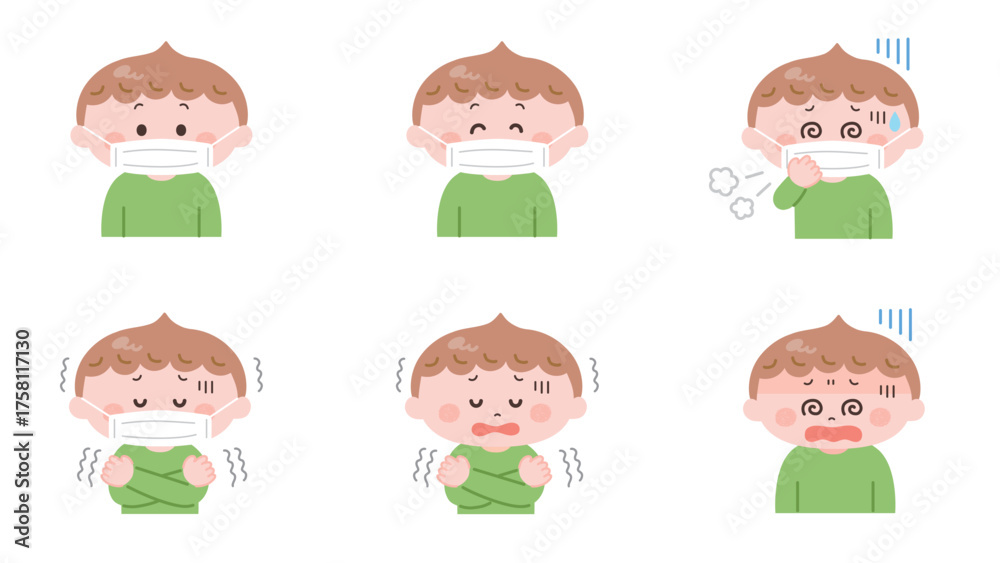 Fototapeta premium 体調不良の男の子のイラストセット