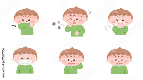 体調不良の男の子のイラストセット