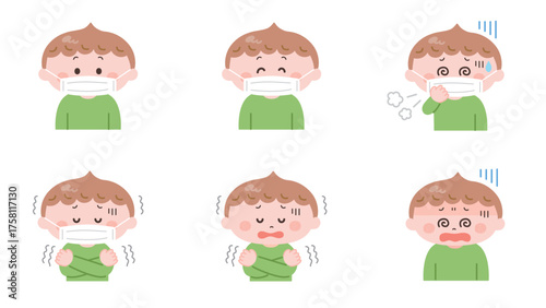 体調不良の男の子のイラストセット