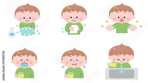 手洗い･うがいをする男の子のイラストセット