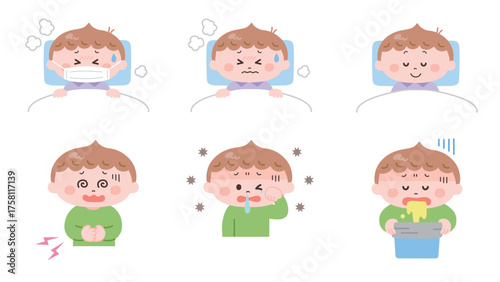 体調不良の男の子のイラストセット