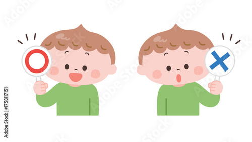 マル･バツの札を持つ男の子のイラスト
