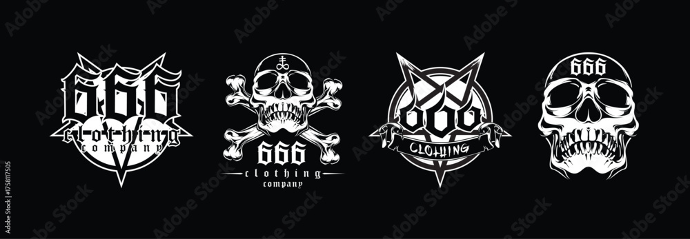 Fototapeta premium Set of four white gothic logos with 666 and skull motifs