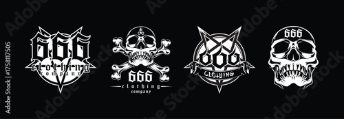 Set of four white gothic logos with 666 and skull motifs