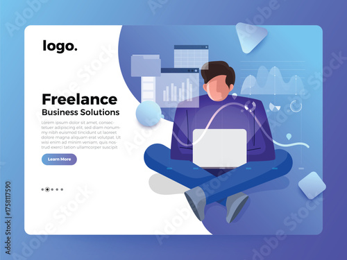 Freelance Business Solutions Concept with Man Working on Laptop