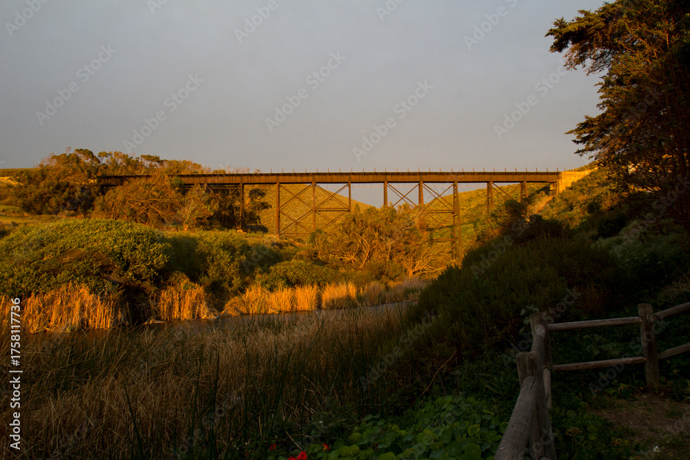 Fototapeta premium Rustic railway bridge, river surrounded by golden vegetation and fence