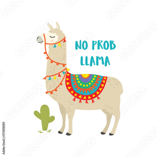 Llama with Colorful Blanket and Cactus Keywords: llama, alpaca, animal, cute, cartoon