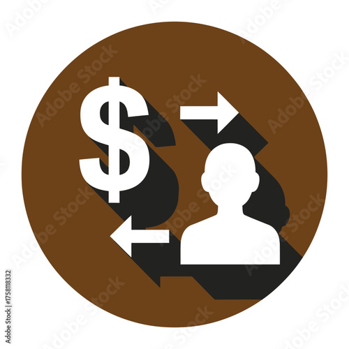 Abstract visual representation of a financial transaction or exchange between an individual and a monetary symbol with clear directional indicators for movement of funds or value