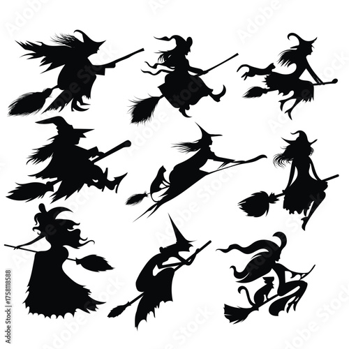 Silhouette Collection of Witches Flying on Brooms Halloween
