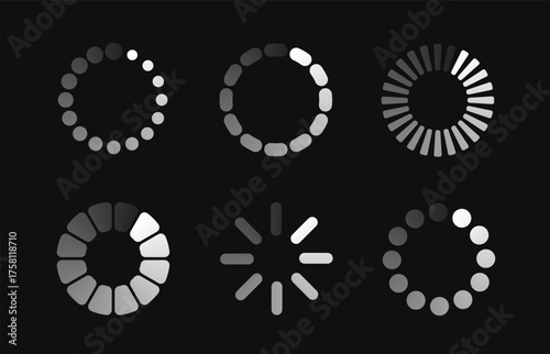 Six Circular Loading Spinners In Grayscale On Black Background