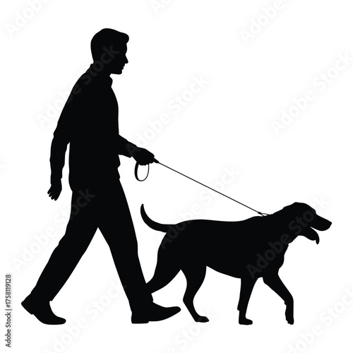 Silhouette of a man walking his dog on a leash