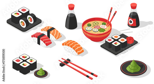 Isometric illustration of sushi, miso soup, soy sauce, and wasabi on a white background.