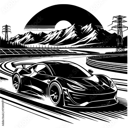 Close up view of a generic black electric sports car moving at high speed black vector icon with transparent background 