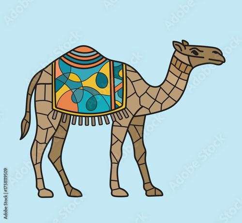 A desert camel with a cracked earth body and a modern bohemian saddle pattern in blue-green, yellow and orange, great for summer holiday postcards and social media graphics.